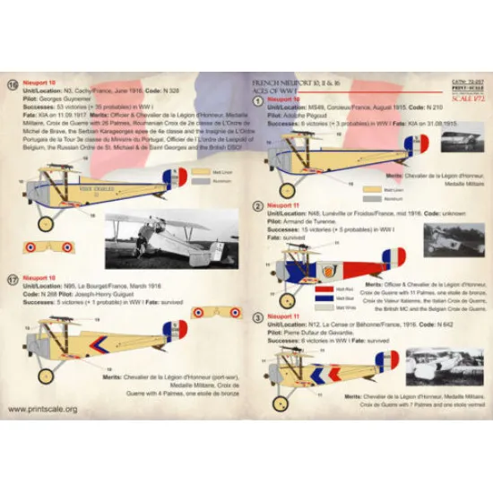 Print Scale 72-257 - 1/72 French Nieuport 10, 11, 16, Aircraft wet decal