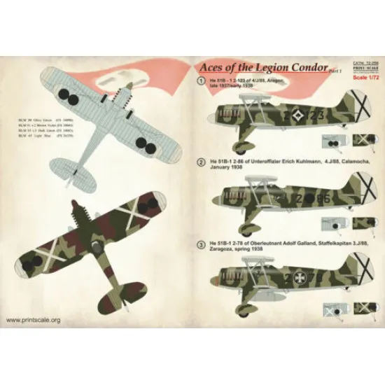 Print Scale 72-258 - 1/72 Heinkel He-51 Aces of hhe Legion Condor Part 1, decal