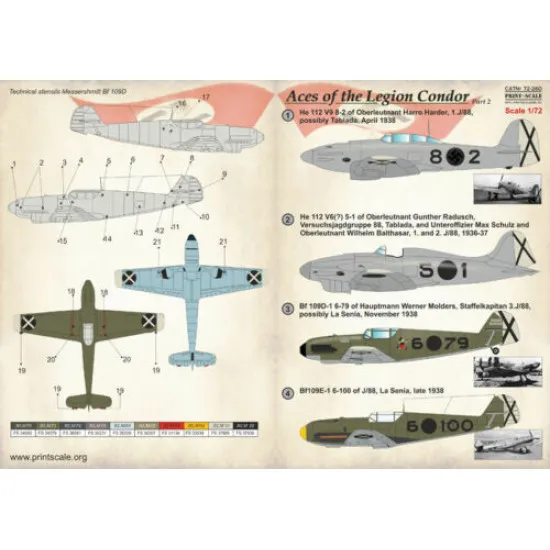 Print Scale 72-260 - 1/72 Heinkel He-51 Aces Of The Legion Condor Part 2, decal