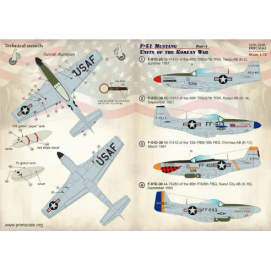 Print Scale 72-261 - 1/72 Airplane F-51 Mustang, Korean War, Part 1, wet decal