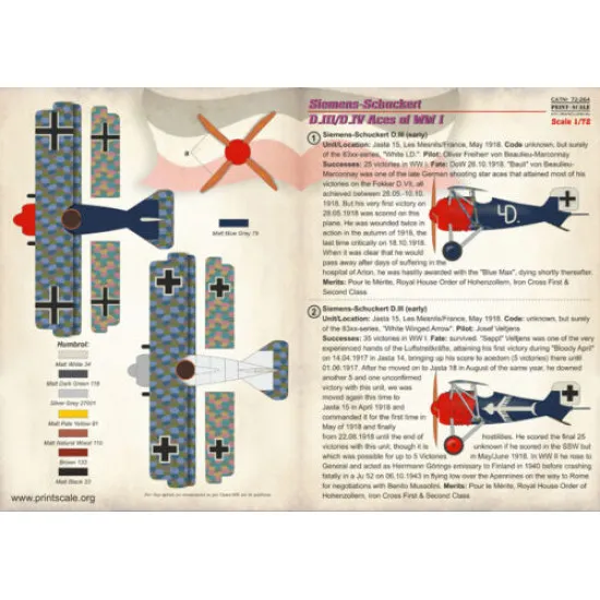 Print Scale 72-264 - 1/72 Siemens-schuckert D.III/D.IV, Aircraft wet decal Print Scale 72-264 - 1/72 Siemens-schuckert D.III/D.IV, Aircraft wet decal