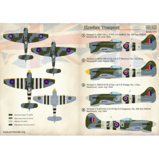 Print Scale 72-273 - 1/72 Decal For Hawker Tempest, (Aircraft wet decal)