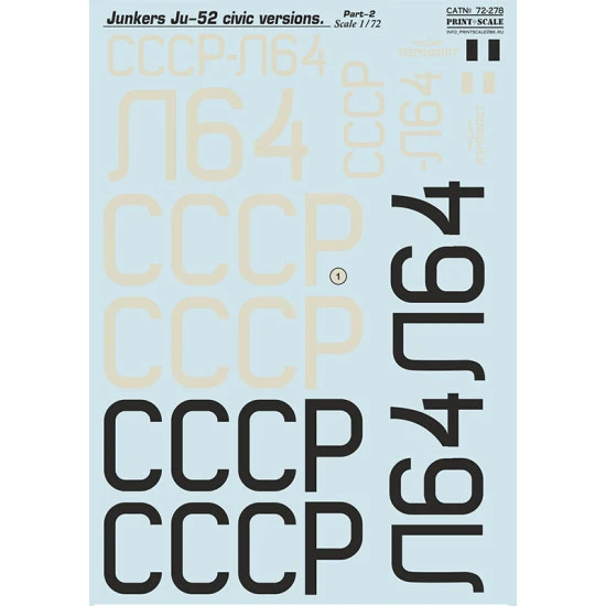 Print Scale 72-278 - 1/72 Junkers Ju-52 Civic Versions Part-2, wet decal