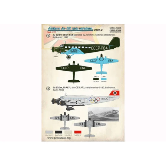 Print Scale 72-278 - 1/72 Junkers Ju-52 Civic Versions Part-2, wet decal