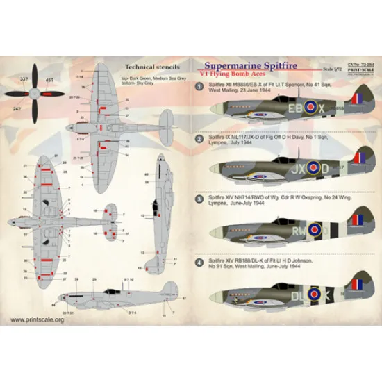 Print Scale 72-284 - 1/72 V1 Flying Bomb Aces Supermarine Spitfire, wet decal