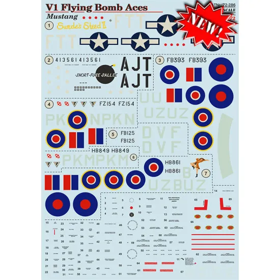 Print Scale 72-286 - 1/72 V1 Flying Bomb Aces Mustang, Aircraft wet decal