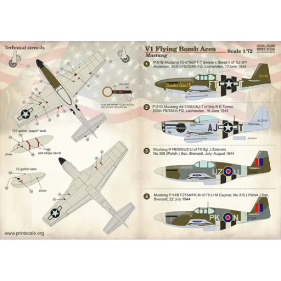Print Scale 72-286 - 1/72 V1 Flying Bomb Aces Mustang, Aircraft wet decal