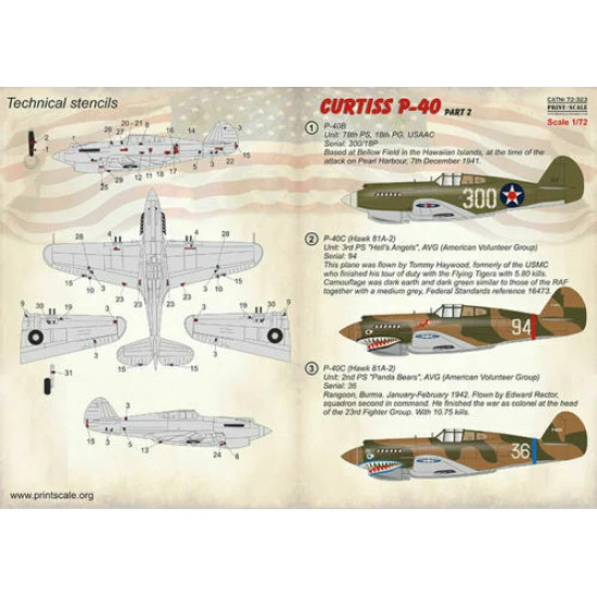 Print Scale 72-323 - 1/72 Curtiss P-40 C/CU part 2, Aircraft wet decal model