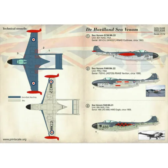 Print Scale 72-326 - 1/72 De Hevilland Sea Venom Aircraft wet decal model scale