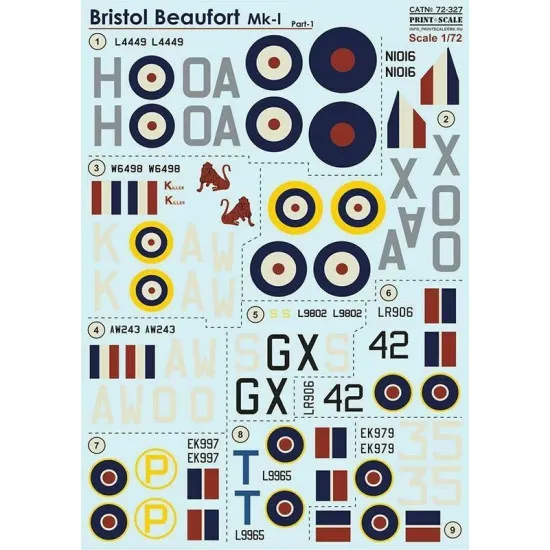 Print Scale 72-327 - 1/72 Bristol Beaufort Part 1 Aircraft wet decal model scale