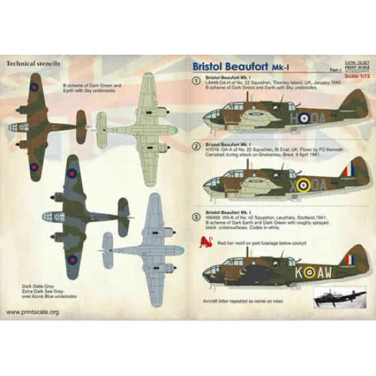 Print Scale 72-327 - 1/72 Bristol Beaufort Part 1 Aircraft wet decal model scale