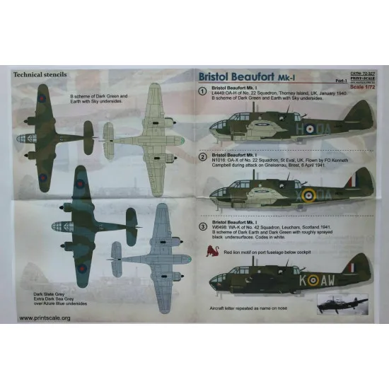 Print Scale 72-327 - 1/72 Bristol Beaufort Part 1 Aircraft wet decal model scale