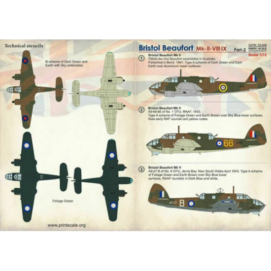 Print Scale 72-328 - 1/72 Bristol Beaufort Part 2 Aircraft wet decal model scale