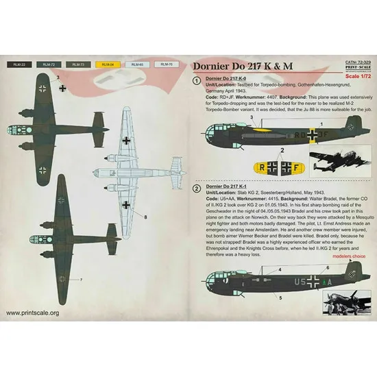 Print Scale 72-329 - 1/72 Dornier Do-217 K&M In the complete set 1.5 sheets