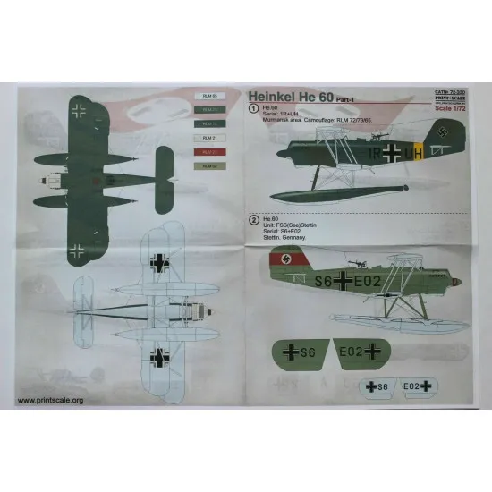Print Scale 72-330 - 1/72 Heinkel He 60 part 1 Aircraft wet decal model in scale