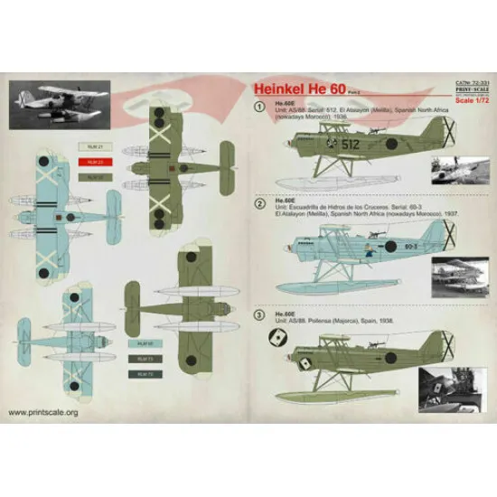 Print Scale 72-331 - 1/72 Heinkel He 60 part 2 Aircraft wet decal model in scale
