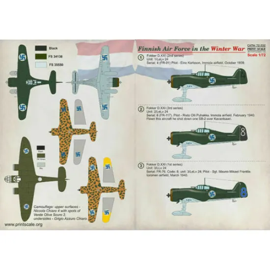 Print Scale 72-332 - 1/72 Finnish Air Force in the Winter war Aircraft wet decal