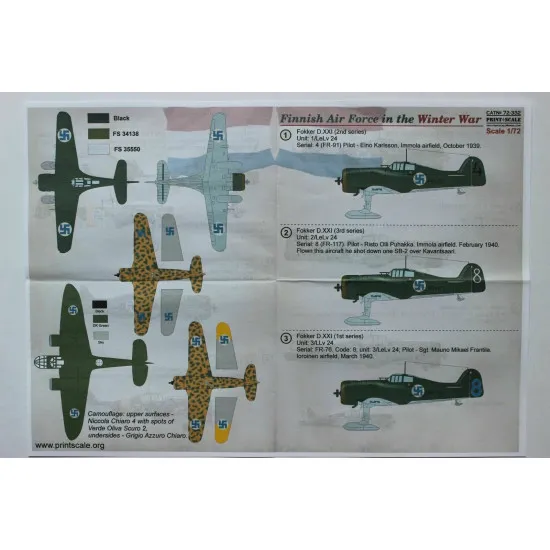 Print Scale 72-332 - 1/72 Finnish Air Force in the Winter war Aircraft wet decal