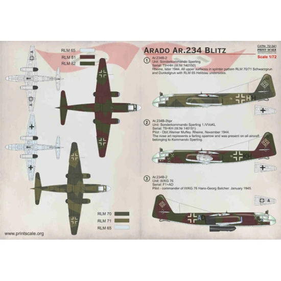 Print Scale 72-341 - 1/72 Arado Ar.234, Aircraft wet decal model in scale