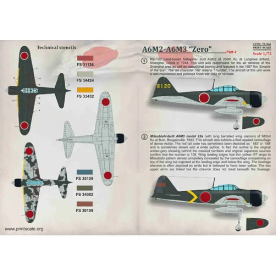 Print Scale 72-344 - 1/72 Nakajima A6M2-A6M3 Zero Part 2 Aircraft wet decal