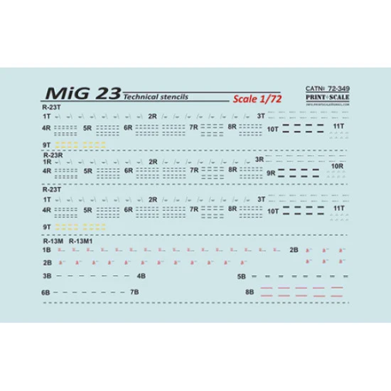 Print Scale 72-349 - 1/72 MiG-23 technikal stensils, set 1,5 sheets, wet decal