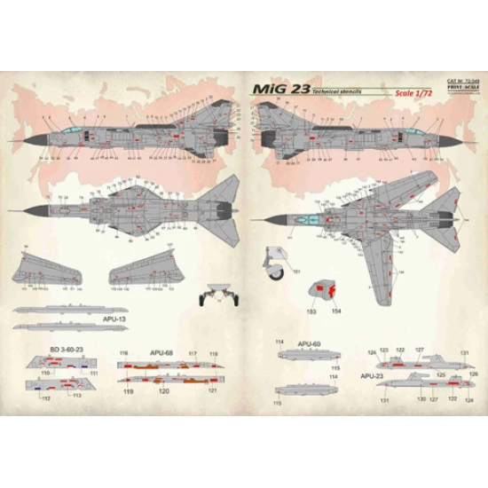 Print Scale 72-349 - 1/72 MiG-23 technikal stensils, set 1,5 sheets, wet decal