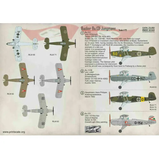Print Scale 72-350 - 1/72 NEW Bucker Bu.131, Aircraft wet decal model in scale