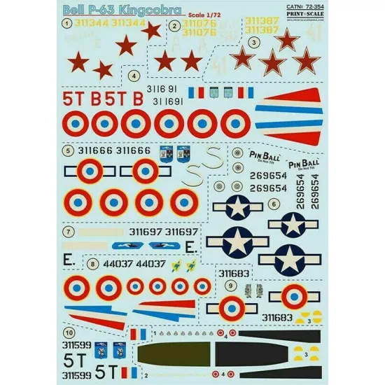 Print Scale 72-354 - 1/72 NEW Bell P-63 Kingcobra, Aircraft wet decal model