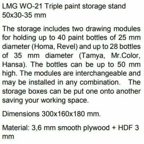 LMG WO-21 Triple paint storage stand 50x30-35 mm, Laser Model Graving, shelf