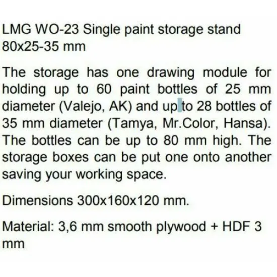LMG WO-23 Single paint storage stand 80x25-35 mm, Laser Model Graving, shelf