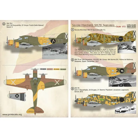 Print Scale 72-388 - 1/72 SM-79 in the Spanish Civil War (wet decal for aircraft)