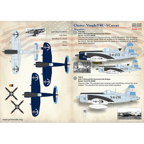 Print Scale 72-399 - 1/72 Chance-Vought F4U Corsair. Argentina (wet decal for aircraft)