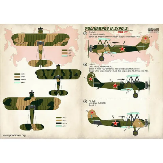 Print Scale 72-365 - 1/72 Polikarpov U-2 Po-2 Part-1 (wet decal for aircraft)