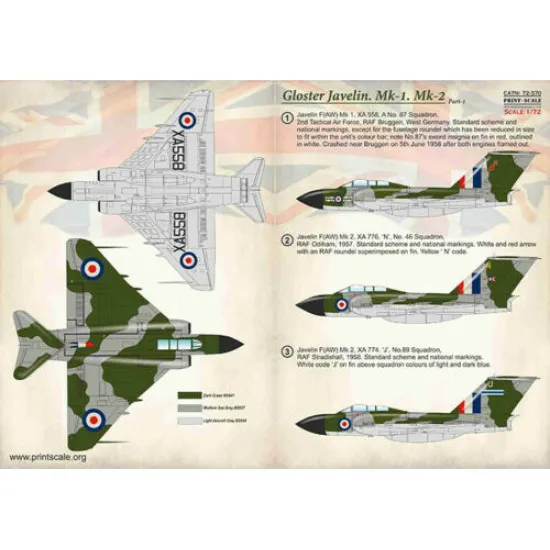 Print Scale 72-370 - 1/72 Gloster Javelin Mk-1 Mk-2 Part 1 (wet decal for aircraft)