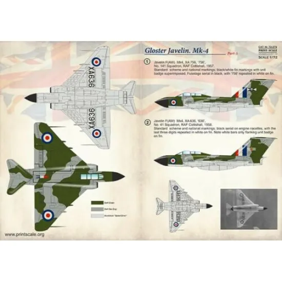 Print Scale 72-374 - 1/72 Gloster Javelin Mk-4 Part 3 (wet decal for aircraft)