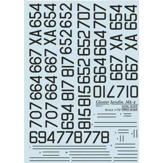 Print Scale 72-375 - 1/72 Gloster Javelin Mk-5 Mk-6 Mk-7 Part 4 (wet decal for aircraft)
