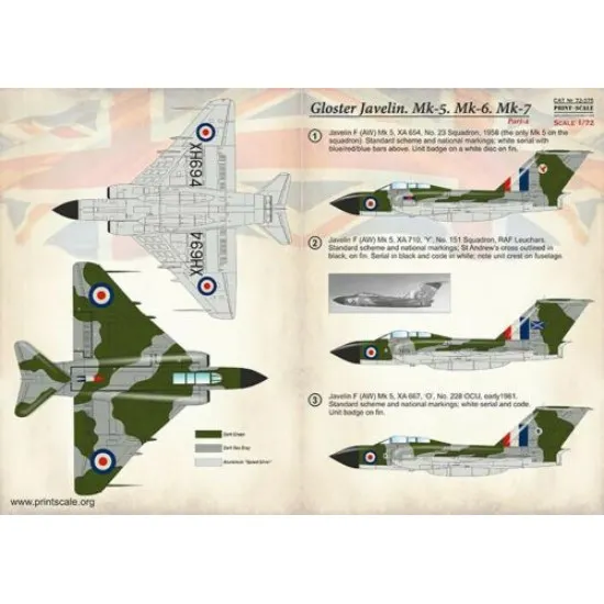 Print Scale 72-375 - 1/72 Gloster Javelin Mk-5 Mk-6 Mk-7 Part 4 (wet decal for aircraft)
