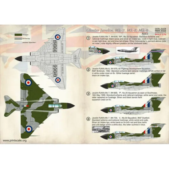 Print Scale 72-376 - 1/72 Gloster Javelin. Part 5 (wet decal for aircraft)