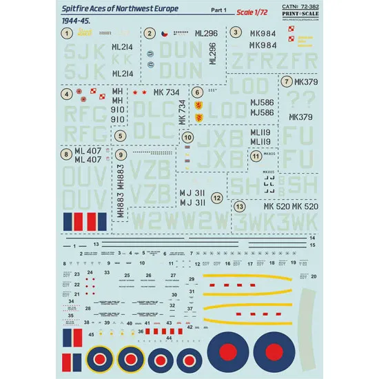 Print Scale 72-382 - 1/72 Spitfire Aces of Northwest Europe 1944-45 Part 1 (wet decal for aircraft)