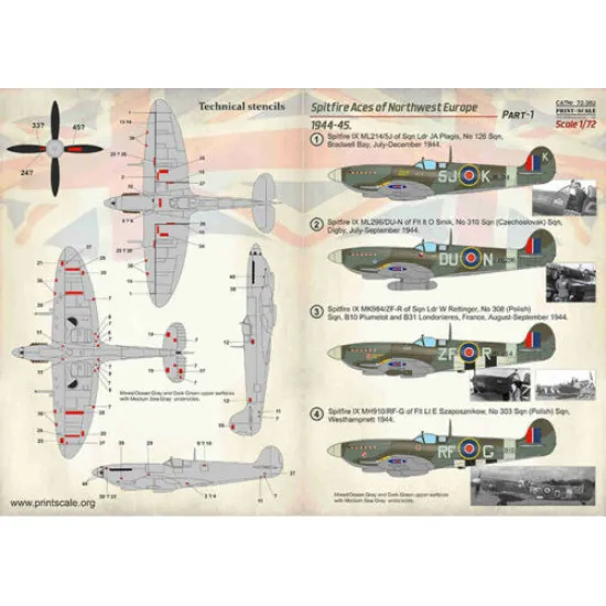 Print Scale 72-382 - 1/72 Spitfire Aces of Northwest Europe 1944-45 Part 1 (wet decal for aircraft)