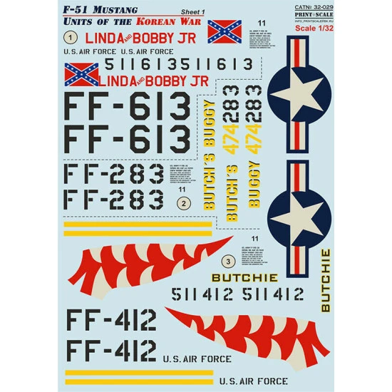 Print Scale 32-029 - 1/32 F-51 Mustang. Units of the Korean War wet decal for aircraft