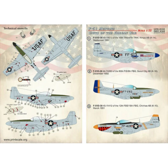 Print Scale 32-029 - 1/32 F-51 Mustang. Units of the Korean War wet decal for aircraft