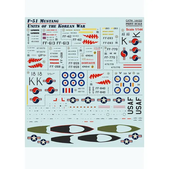Print Scale 144-022 - 1/144 F-51 Mustang. Units of the Korean War wet decal for aircraft