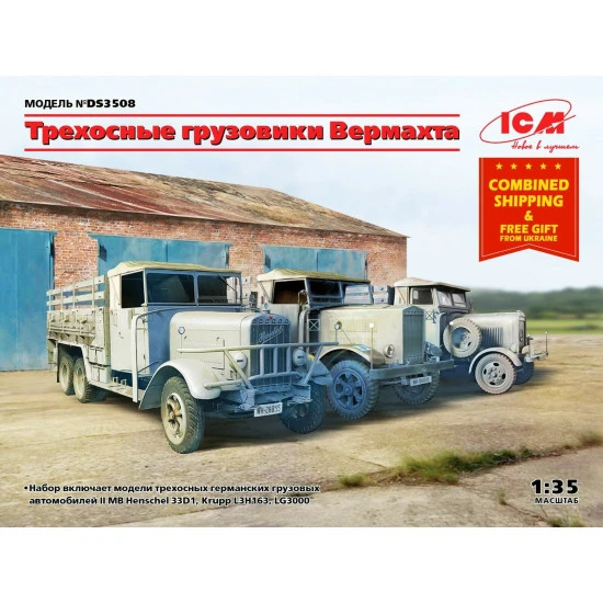 ICM DS3508 - 1/35 - Wehrmacht 3-axle Trucks Henschel 33D1, Krupp L3H163, LG3000
