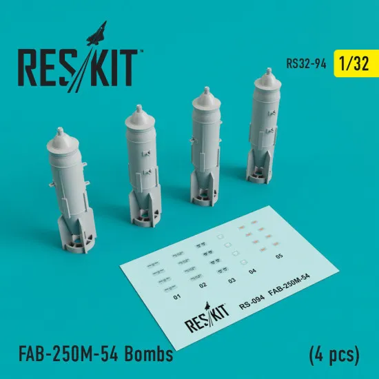 Reskit RS32-0094 - 1/32 - FAB-250-54 Bombs (4 pcs) (Su-25, MiG-21, MiG-27) Reskit RS32-0094 - 1/32 - FAB-250-54 Bombs (4 pcs) (Su-25, MiG-21, MiG-27)