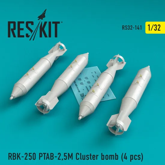 Reskit RS32-0141 - 1/32 RBK-250 PTAB-2,5M, 4 Cluster bomb (Su-25,MiG-21,MiG-27) Reskit RS32-0141 - 1/32 RBK-250 PTAB-2,5M, 4 Cluster bomb (Su-25,MiG-21,MiG-27)