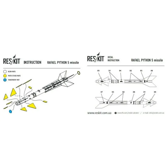 Reskit RS48-0085 - 1/48 - Rafael Python 5 missile (4 pcs) Resin Detail