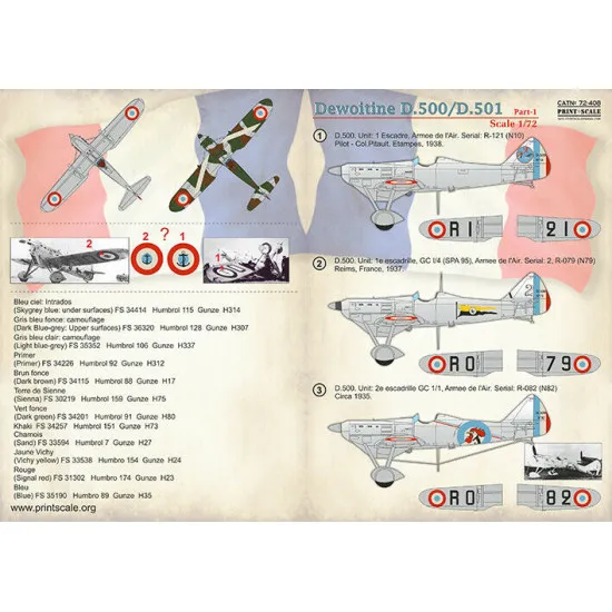 Print Scale 72-408 - 1/72 - Dewoitine D.500/D.501 Part 1 . Decal sheet