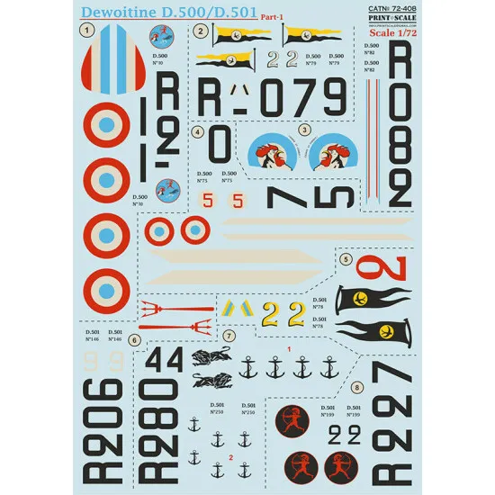 Print Scale 72-408 - 1/72 - Dewoitine D.500/D.501 Part 1 . Decal sheet
