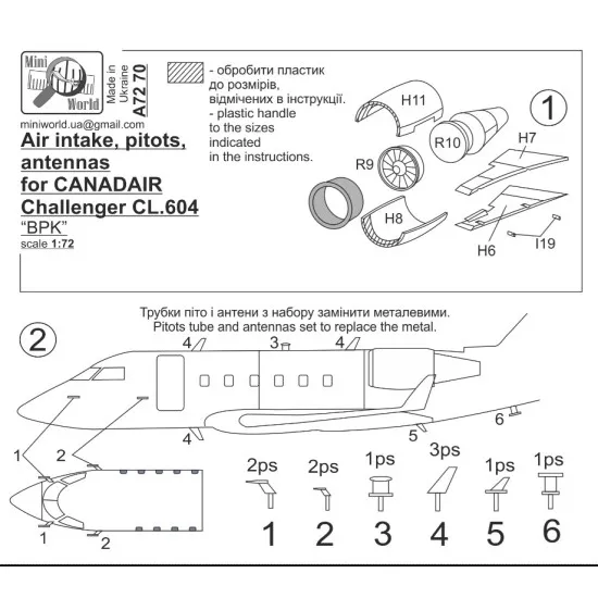 INTAKES, ANTENNAS CANADAIR CHALLENGER CL.604 BPK 1/72 MINI WORLD 7270
